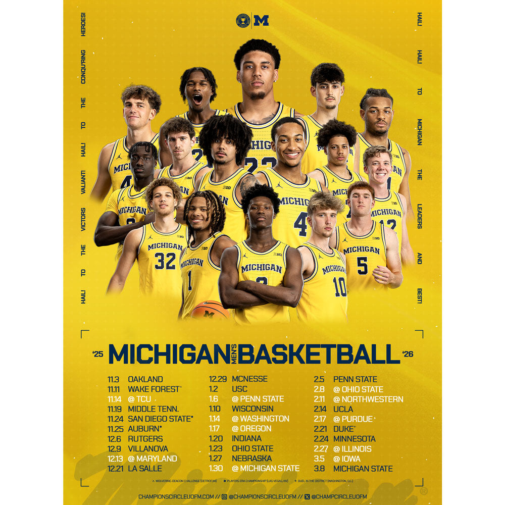 Michigan basketball team poster with players in yellow jerseys on a yellow background
