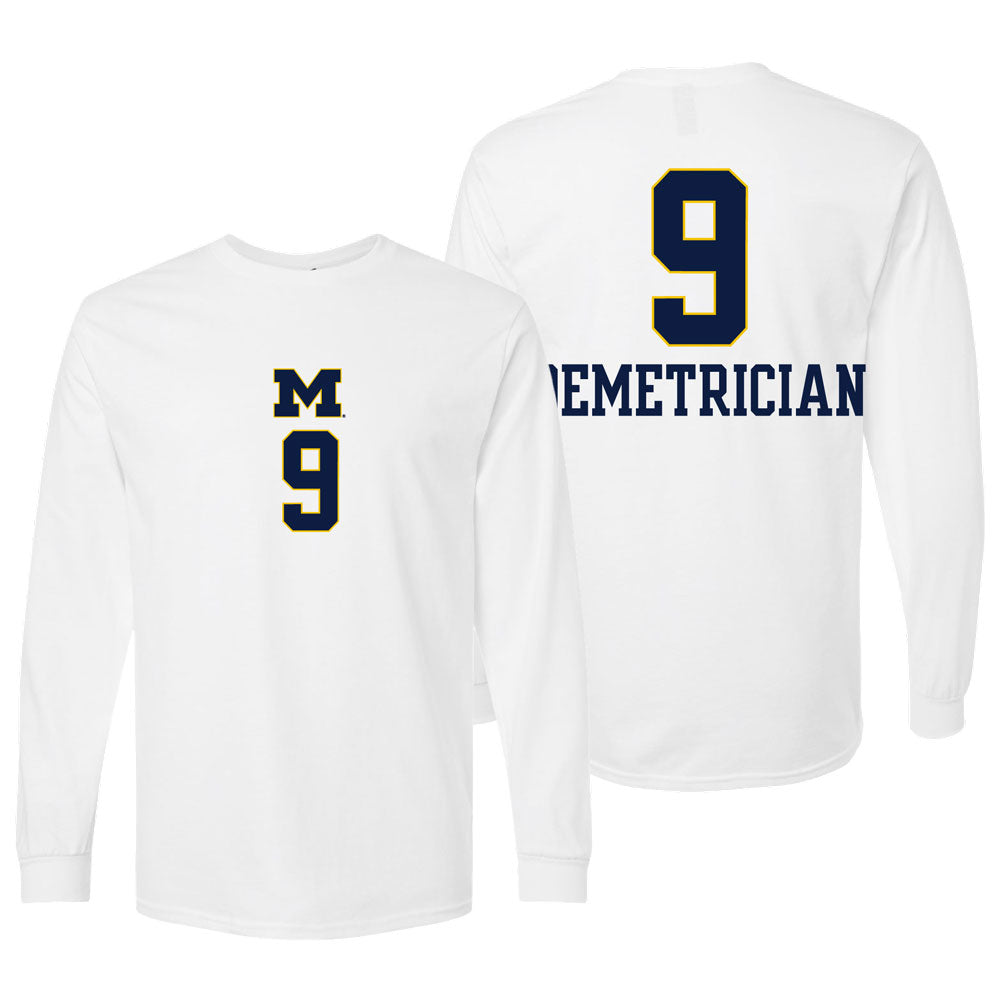 Valiant University of Michigan Volleyball Ella Demetrician #9 White Long Sleeve Jersey Tee