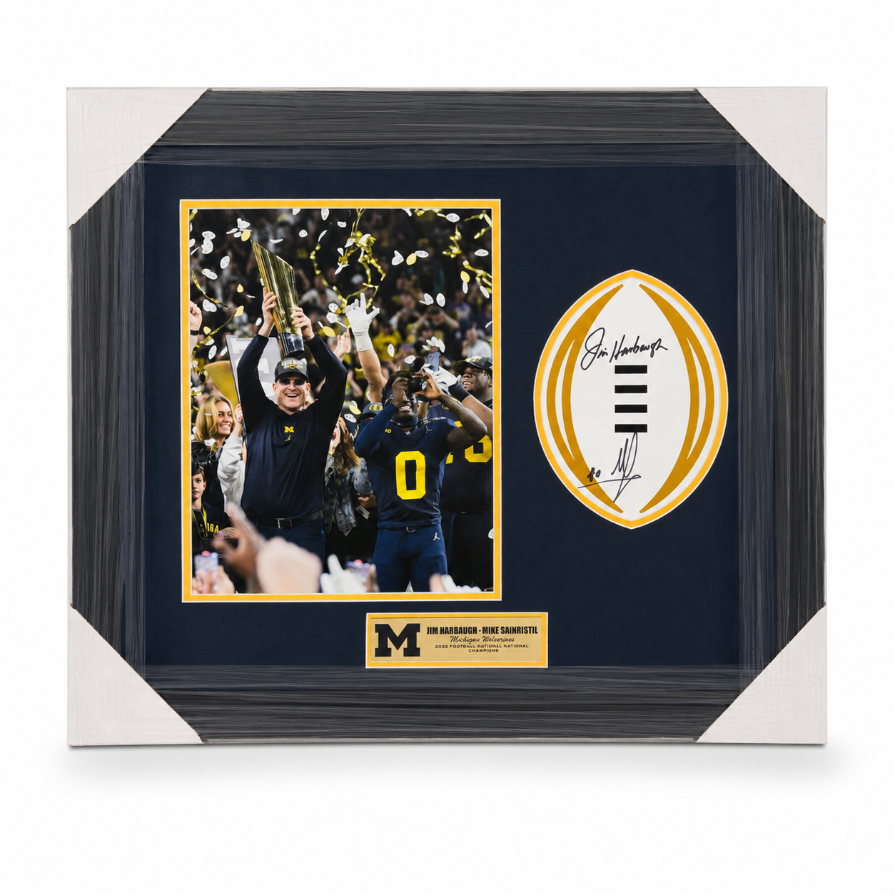 University of Michigan 2023 National Championship Framed College Football Playoff Decal Autographed by Jim Harbaugh & Mike Sainristil