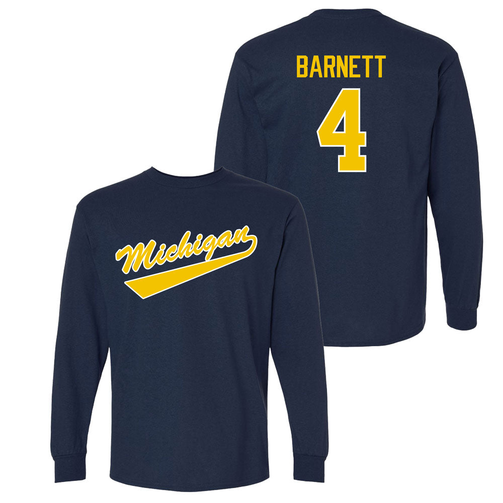 Valiant University of Michigan Hockey Asher Barnett Navy Long Sleeve Script Jersey Tee