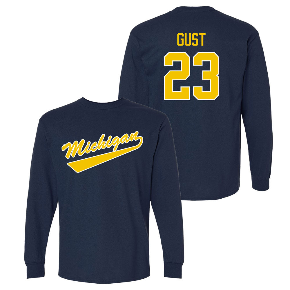Valiant University of Michigan Hockey Miles Gust Navy Long Sleeve Script Jersey Tee