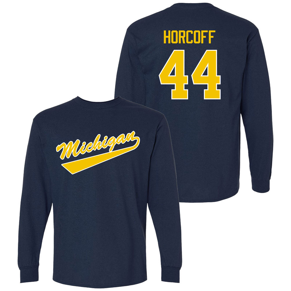 Valiant University of Michigan Hockey Will Horcoff Navy Long Sleeve Script Jersey Tee
