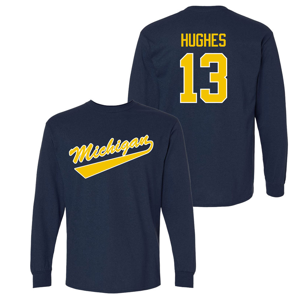 Valiant University of Michigan Hockey TJ Hughes Navy Long Sleeve Script Jersey Tee