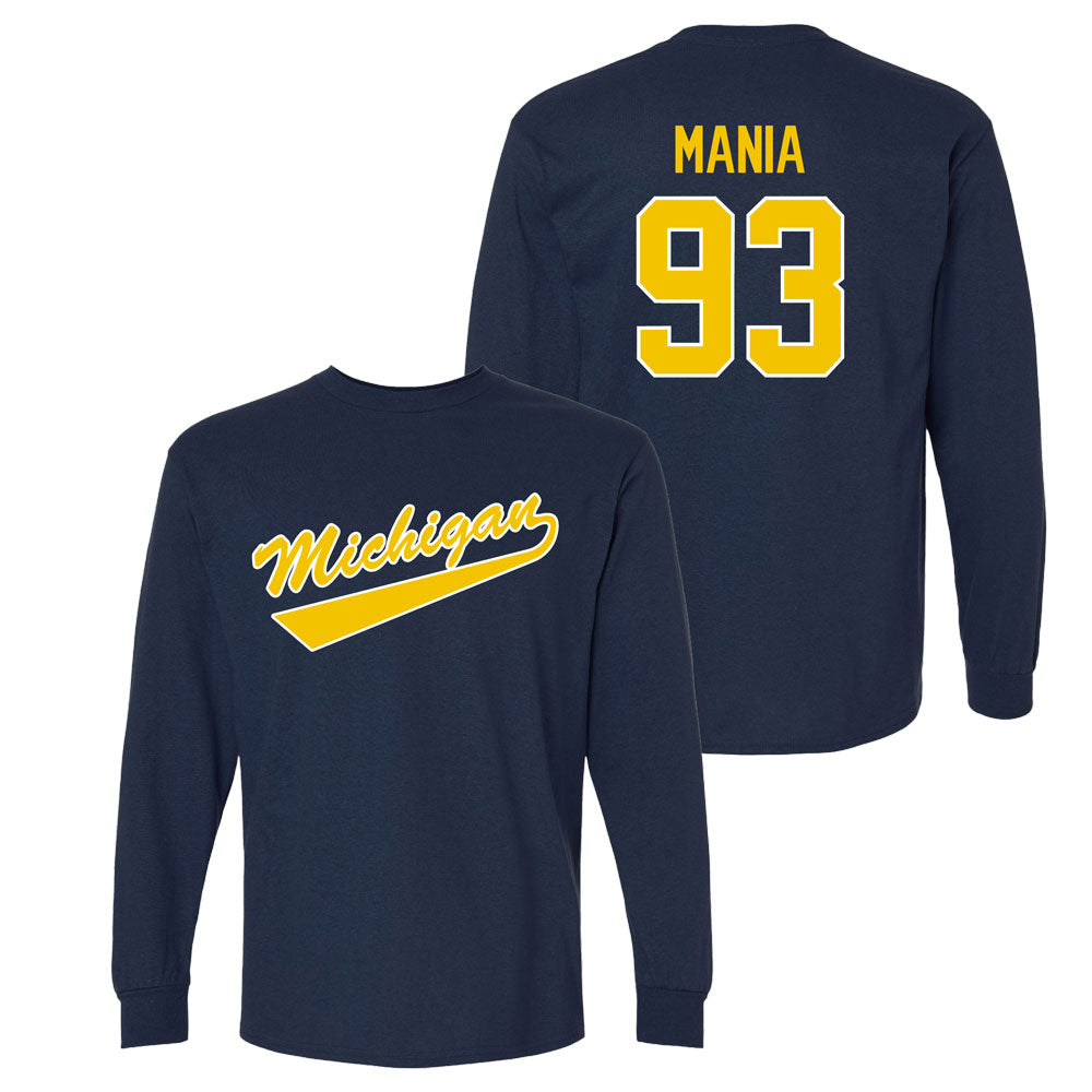 Valiant University of Michigan Hockey Matthew Mania Navy Long Sleeve Script Jersey Tee