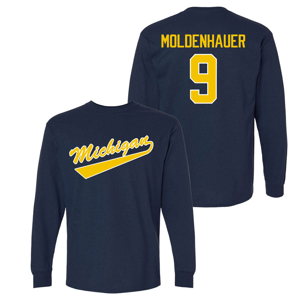 Valiant University of Michigan Hockey Nick Moldenhauer Navy Long Sleeve Script Jersey Tee