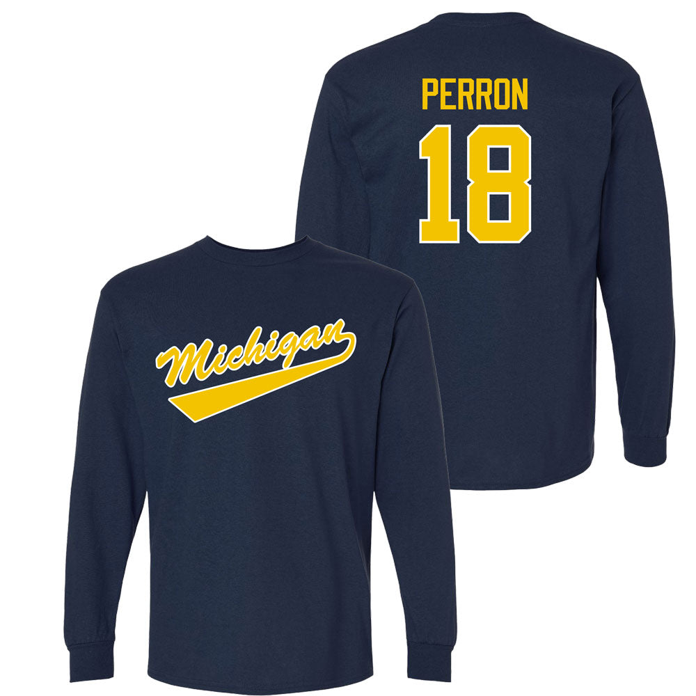Valiant University of Michigan Hockey Jayden Perron Navy Long Sleeve Script Jersey Tee