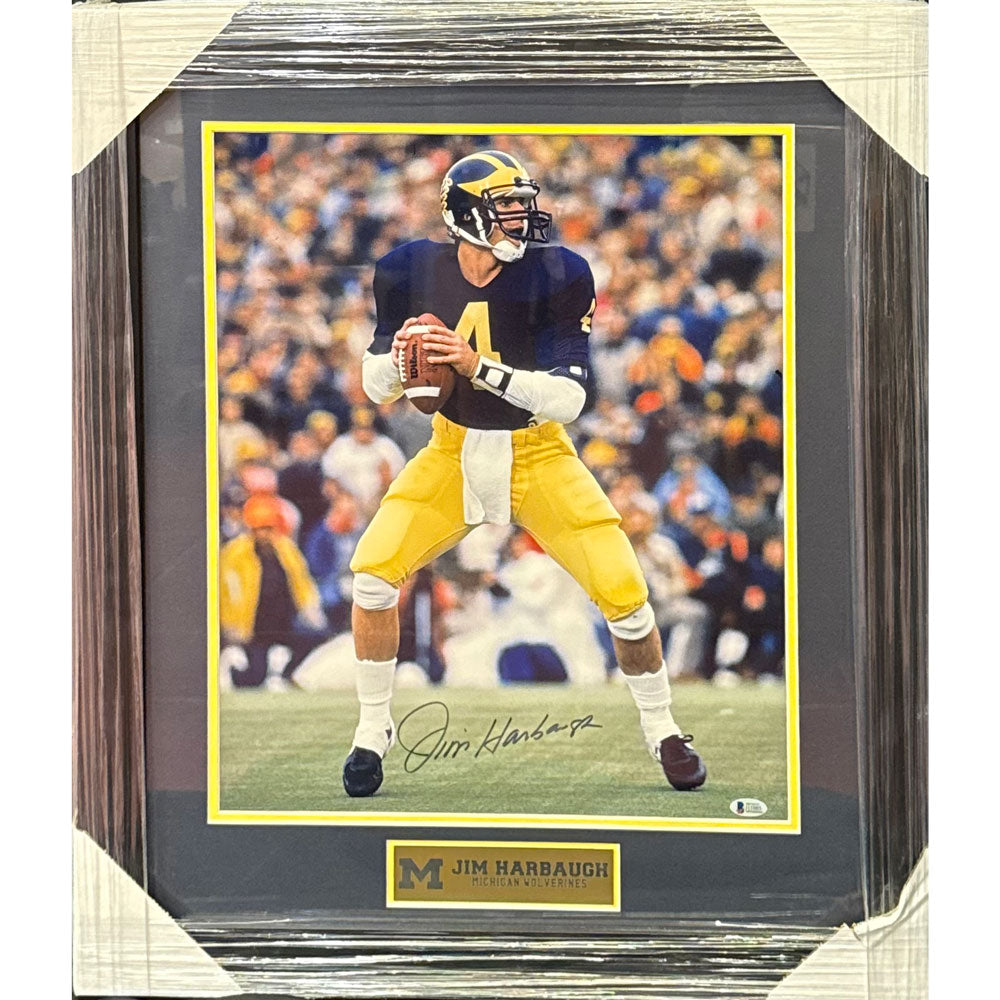 Jim Harbaugh Autographed Framed Michigan Wolverines Action Photo