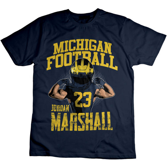 Valiant University of Michigan Football Jordan Marshall Navy Caricature Tee