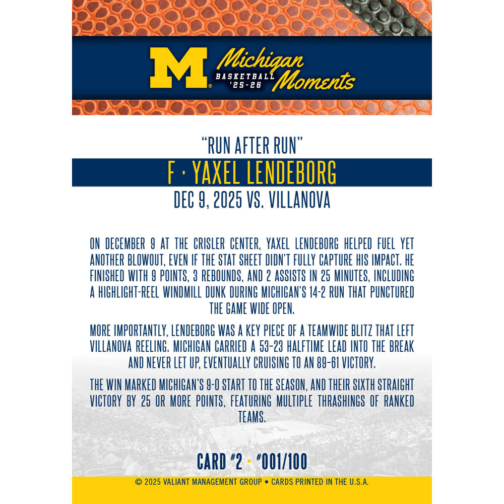 Valiant University of Michigan Basketball Yaxel Lendeborg 2025-2026 Michigan Moments Trading Card vs. Villanova