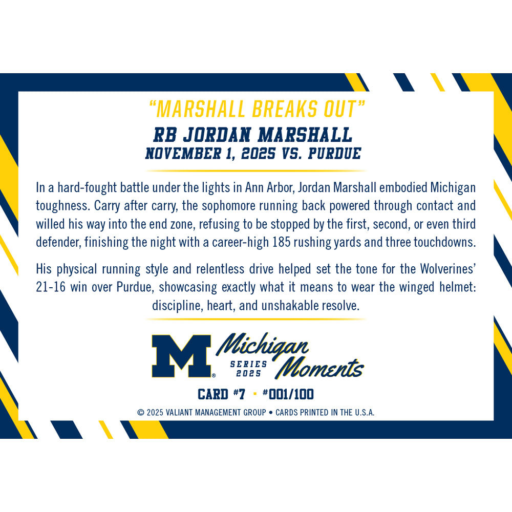 Valiant University of Michigan Football Jordan Marshall 2025 Michigan Moments Trading Card vs. Purdue