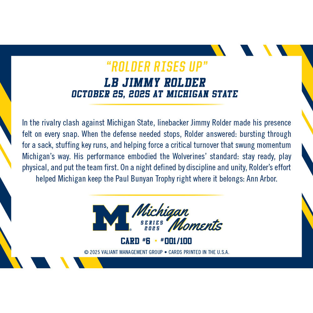 Valiant University of Michigan Football Jimmy Rolder 2025 Michigan Moments Trading Card vs. MSU