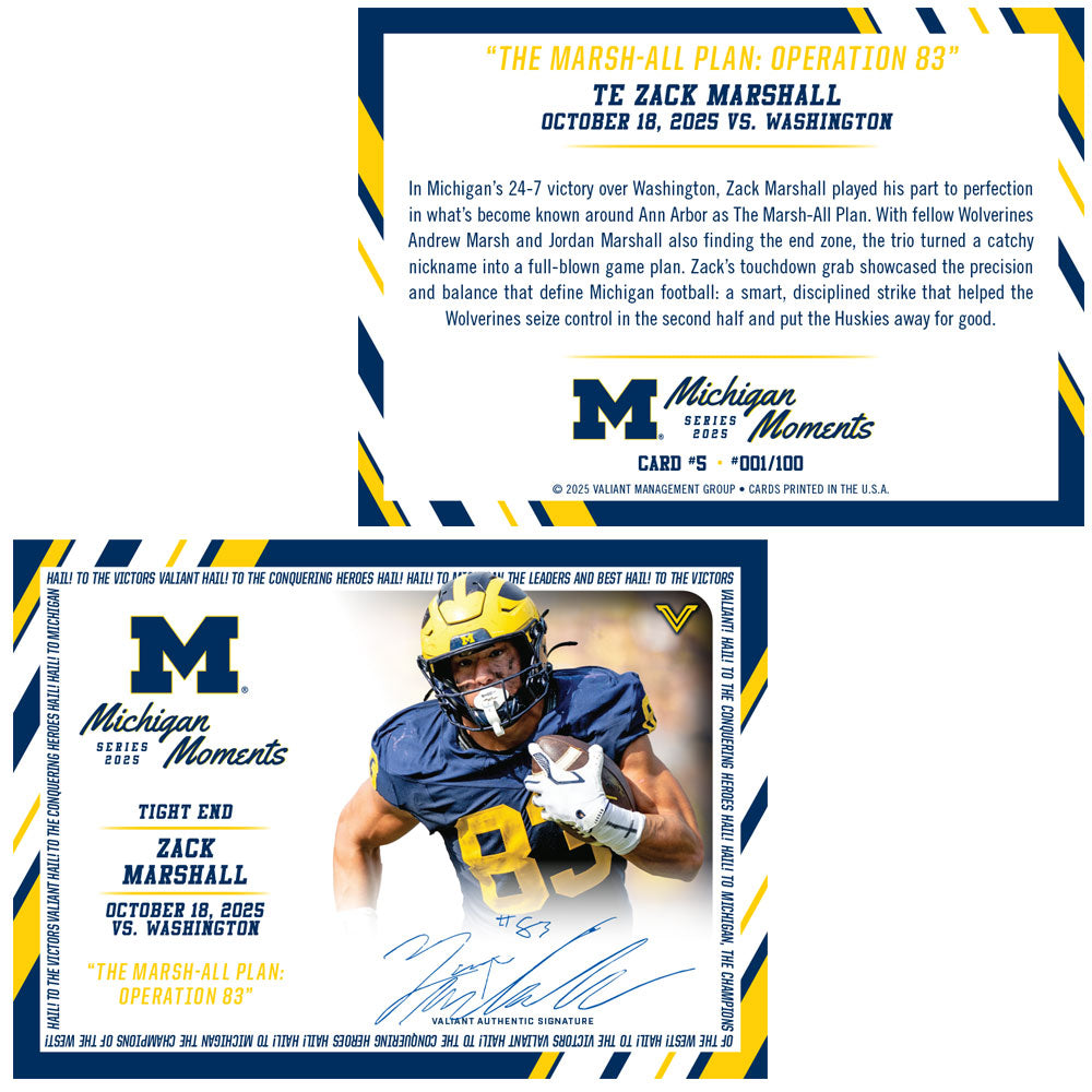Valiant University of Michigan Football Zack Marshall 2025 Michigan Moments Trading Card vs. Washington