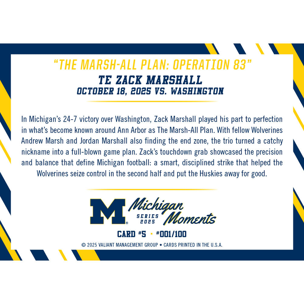Valiant University of Michigan Football Zack Marshall 2025 Michigan Moments Trading Card vs. Washington