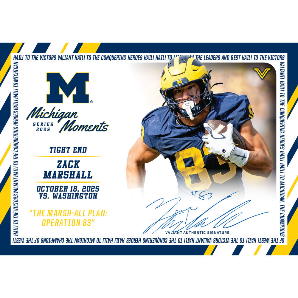 Valiant University of Michigan Football Zack Marshall 2025 Michigan Moments Trading Card vs. Washington