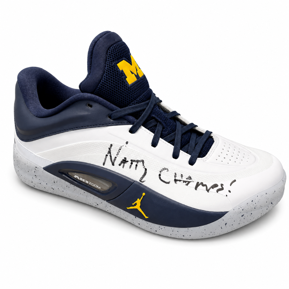 University of Michigan Jordan Zion 4 Team-Issued Shoes Autographed by Dusty May & Charlie May with "Natty Champs" Inscription-- Size 12