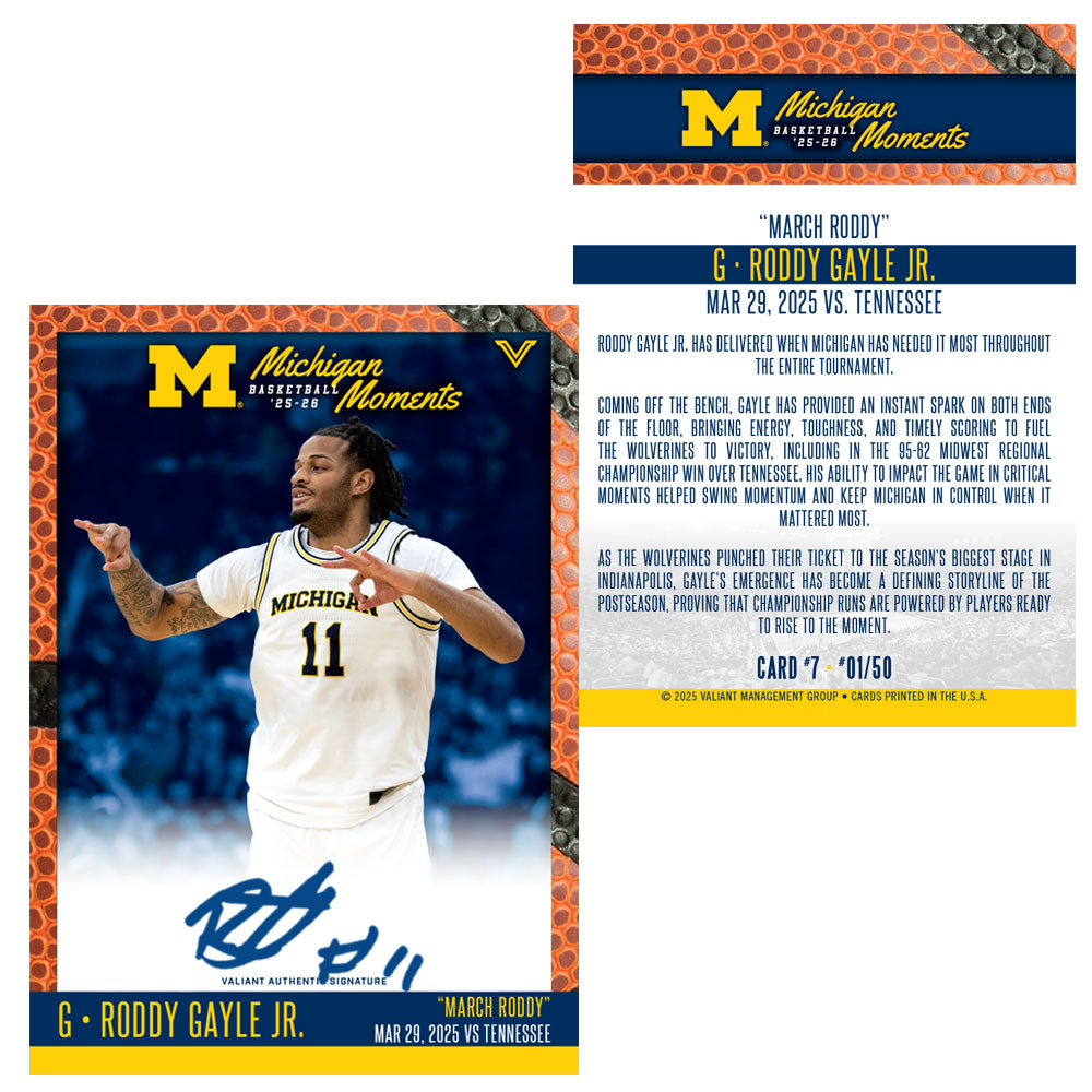Valiant University of Michigan Basketball Roddy Gayle Jr. "March Roddy" vs. Tennessee Michigan Moments Trading Card