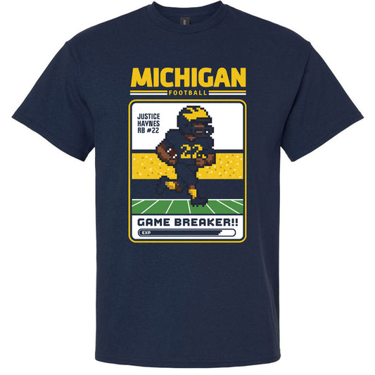 Valiant University of Michigan Football Justice Haynes Game Breaker navy t-shirt featuring 8-bit player design
