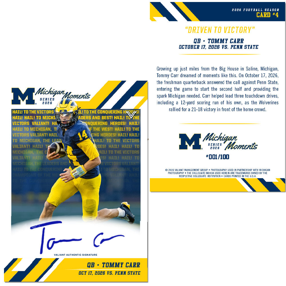 Valiant University of Michigan Football Tommy Carr Autographed 2026 Michigan Moments Trading Card vs. PSU