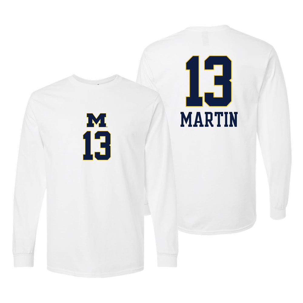 White long-sleeve t-shirt shown from both front and back. The front features a navy blue and gold 'M' above the number '13'.