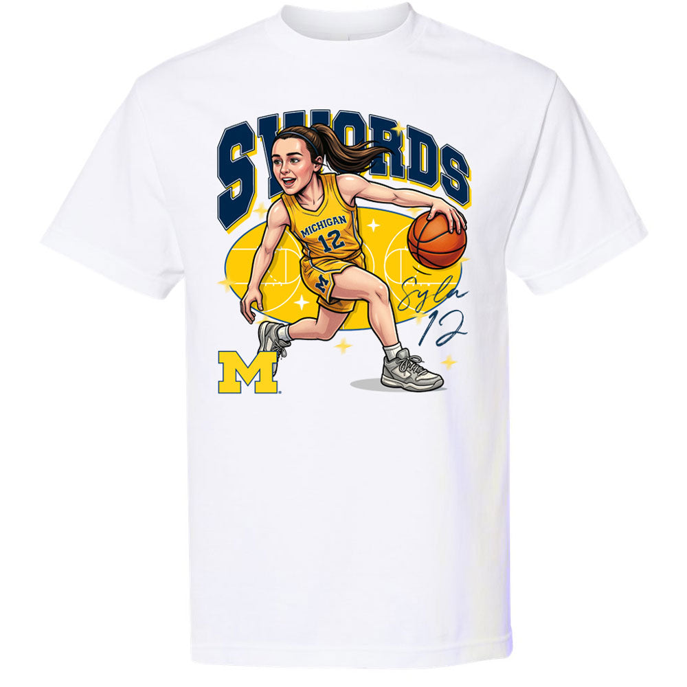 Valiant University of Michigan Basketball Syla Swords Caricature Tee