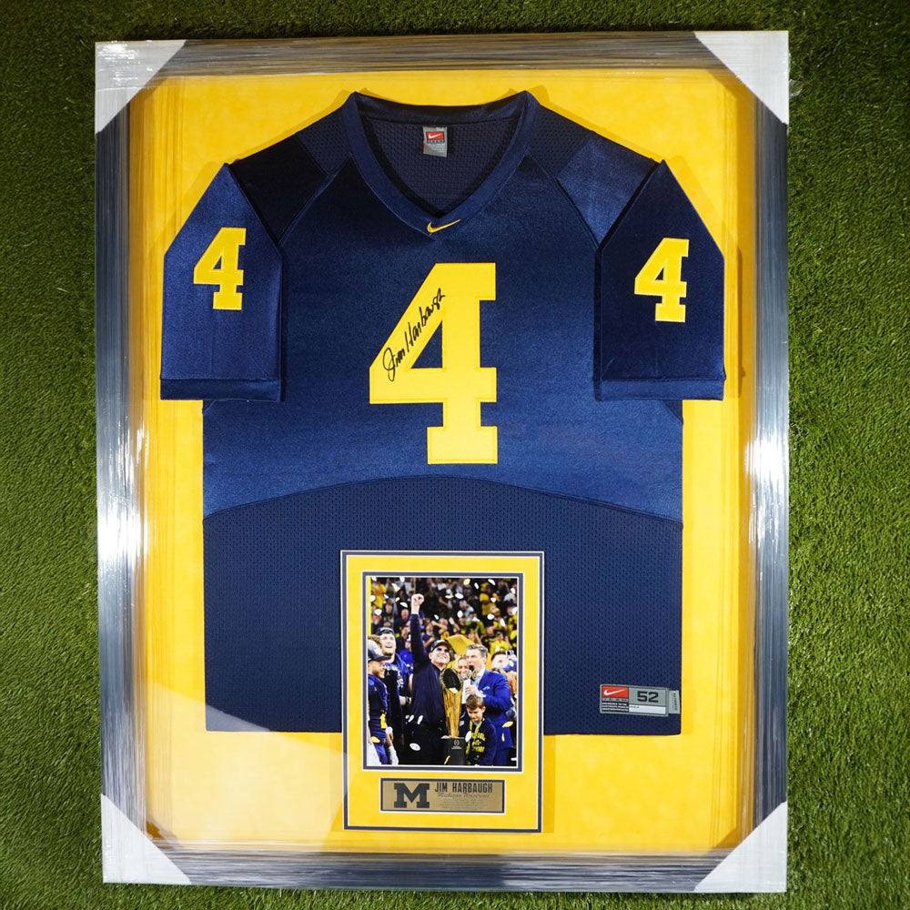 Jim Harbaugh Autographed Framed Michigan Wolverines Jersey Display