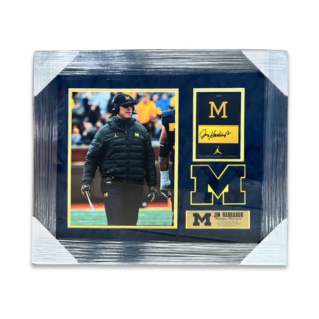 University of Michigan Framed Jim Harbaugh Autographed Thin " M" Michigan Football Credential Display