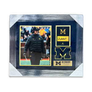 University of Michigan Framed Jim Harbaugh Autographed Thin " M" Michigan Football Credential Display