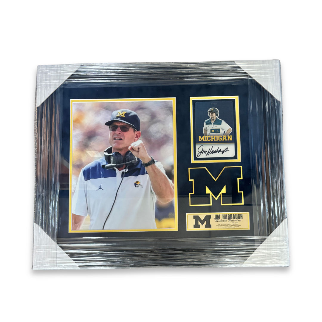 University of Michigan Framed Jim Harbaugh Autographed Michigan Football "Coach" Credential Display