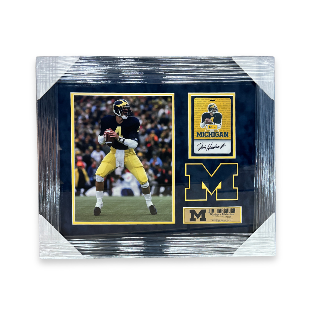 University of Michigan Framed Jim Harbaugh Autographed Michigan Football "Player" Credential Display