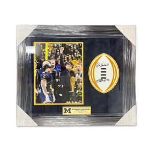 University of Michigan 2023 National Championship Framed College Football Playoff Decal Autographed by Jim Harbaugh & Blake Corum