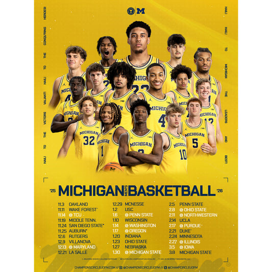 Michigan basketball team poster with players in yellow jerseys on a yellow background