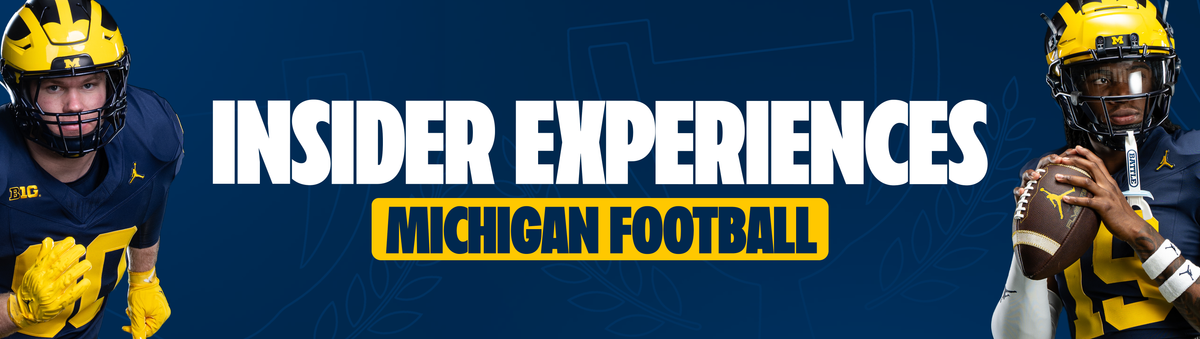 Promotional graphic for Michigan Football featuring two football players in yellow and navy uniforms on a dark blue background with the text 'INSIDER EXPERIENCES' and 'MICHIGAN FOOTBALL'.