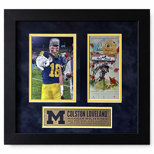 Colston Loveland Autographed University of Michigan Football 2024 Rose Bowl Ticket Framed Display with Photo