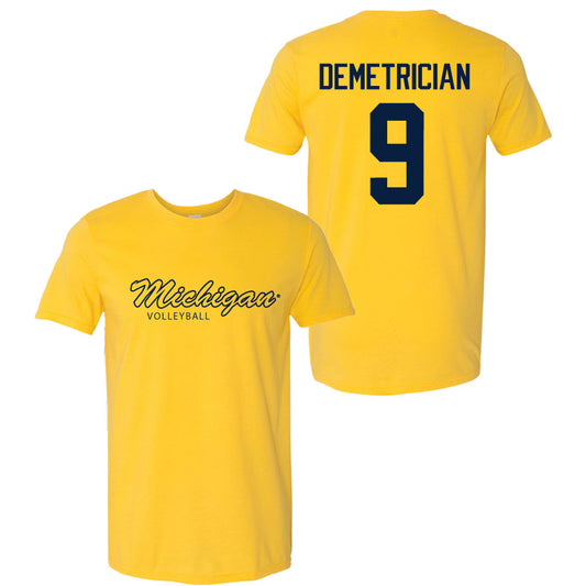 Valiant University of Michigan Volleyball Ella Demetrician #9 Script Michigan Sport Tee