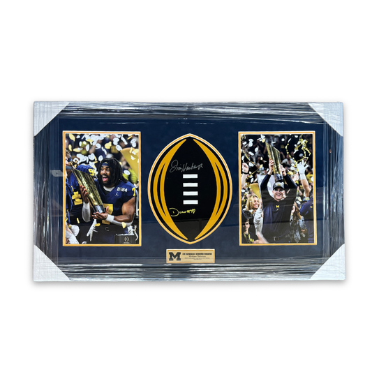 University of Michigan Framed 2023 National Championship College Football Playoff Logo Display Autographed by Jim Harbaugh & Donovan Edwards