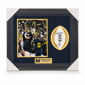 University of Michigan 2023 National Championship Framed College Football Playoff Decal Autographed by Jim Harbaugh & Mike Sainristil
