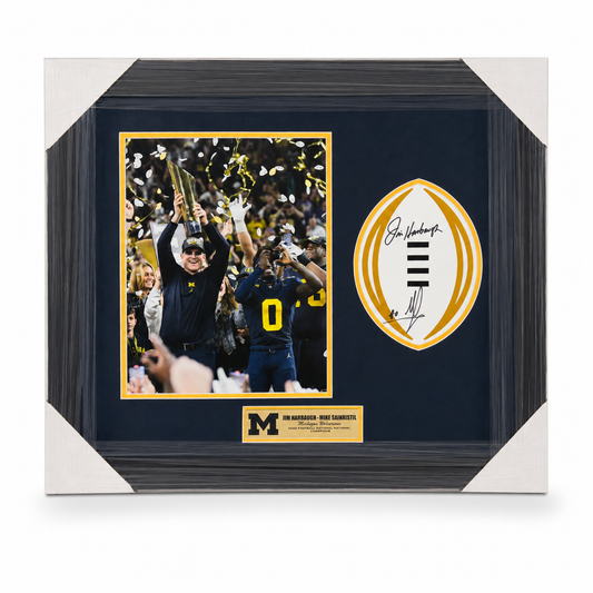 University of Michigan 2023 National Championship Framed College Football Playoff Decal Autographed by Jim Harbaugh & Mike Sainristil