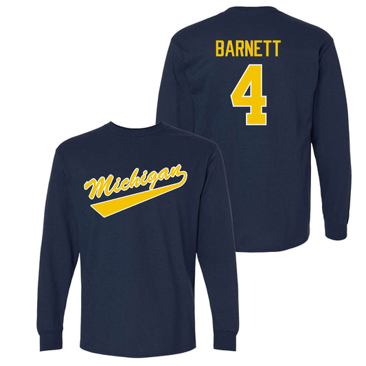 Valiant University of Michigan Hockey Asher Barnett Navy Long Sleeve Script Jersey Tee