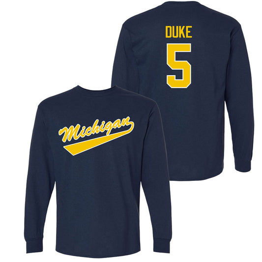Valiant University of Michigan Hockey Tyler Duke Navy Long Sleeve Script Jersey Tee