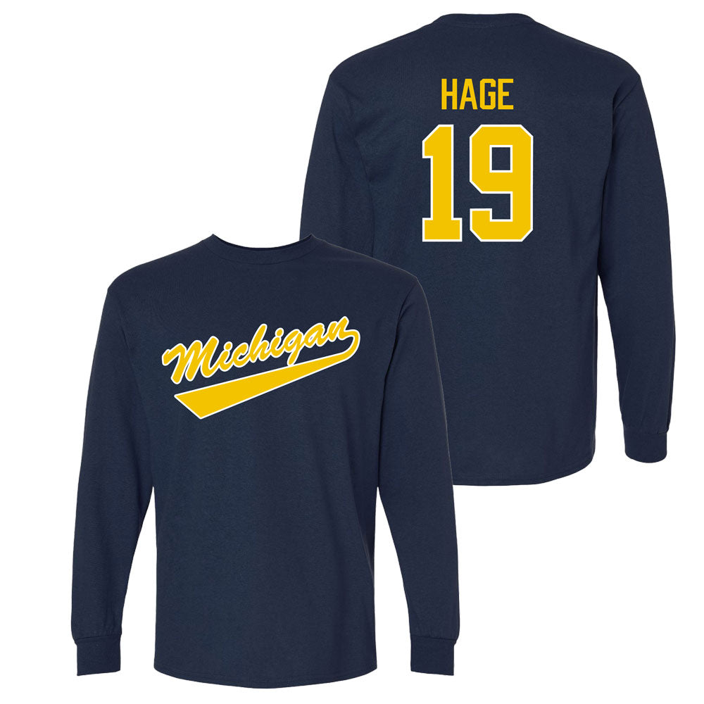 Valiant University of Michigan Hockey Michael Hage Navy Long Sleeve Script Jersey Tee