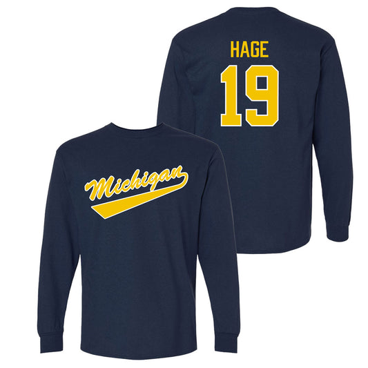 Valiant University of Michigan Hockey Michael Hage Navy Long Sleeve Script Jersey Tee