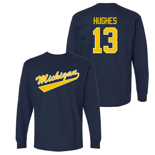 Valiant University of Michigan Hockey TJ Hughes Navy Long Sleeve Script Jersey Tee