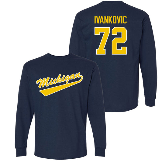 Valiant University of Michigan Hockey Jack Ivankovic Navy Long Sleeve Script Jersey Tee
