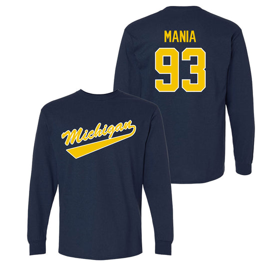 Valiant University of Michigan Hockey Matthew Mania Navy Long Sleeve Script Jersey Tee