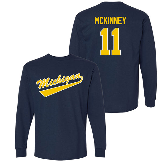 Valiant University of Michigan Hockey Cole McKinney Navy Long Sleeve Script Jersey Tee
