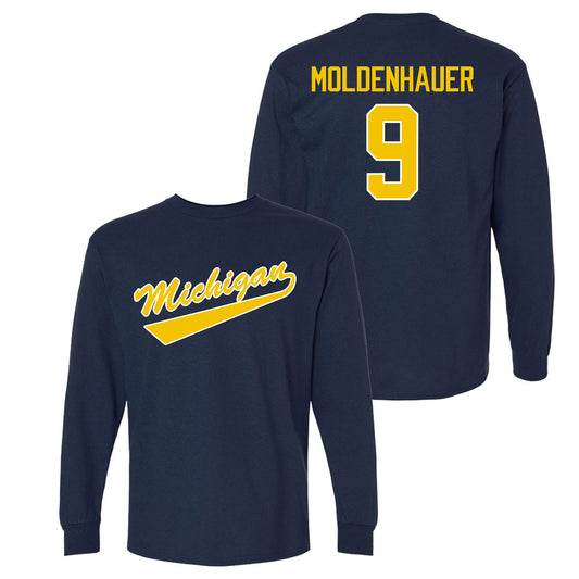 Valiant University of Michigan Hockey Nick Moldenhauer Navy Long Sleeve Script Jersey Tee