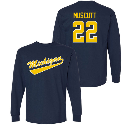 Valiant University of Michigan Hockey Kason Muscutt Navy Long Sleeve Script Jersey Tee