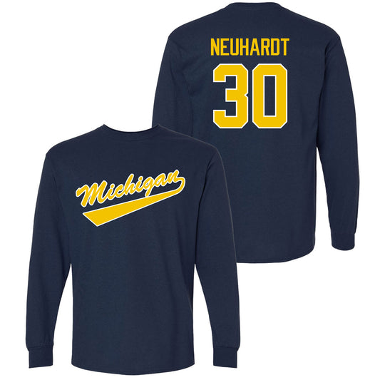 Valiant University of Michigan Hockey Grant Neuhardt Navy Long Sleeve Script Jersey Tee