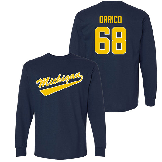 Valiant University of Michigan Hockey Josh Orrico Navy Long Sleeve Script Jersey Tee