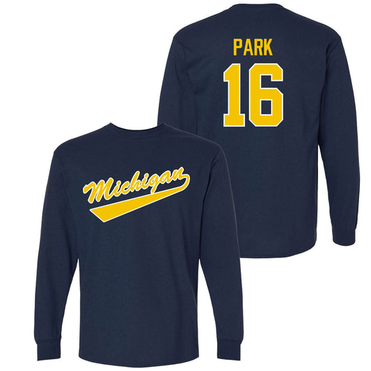 Valiant University of Michigan Hockey Aidan Park Navy Long Sleeve Script Jersey Tee